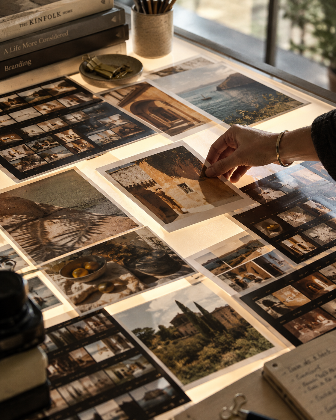 Art director arranging photo prints on a light table