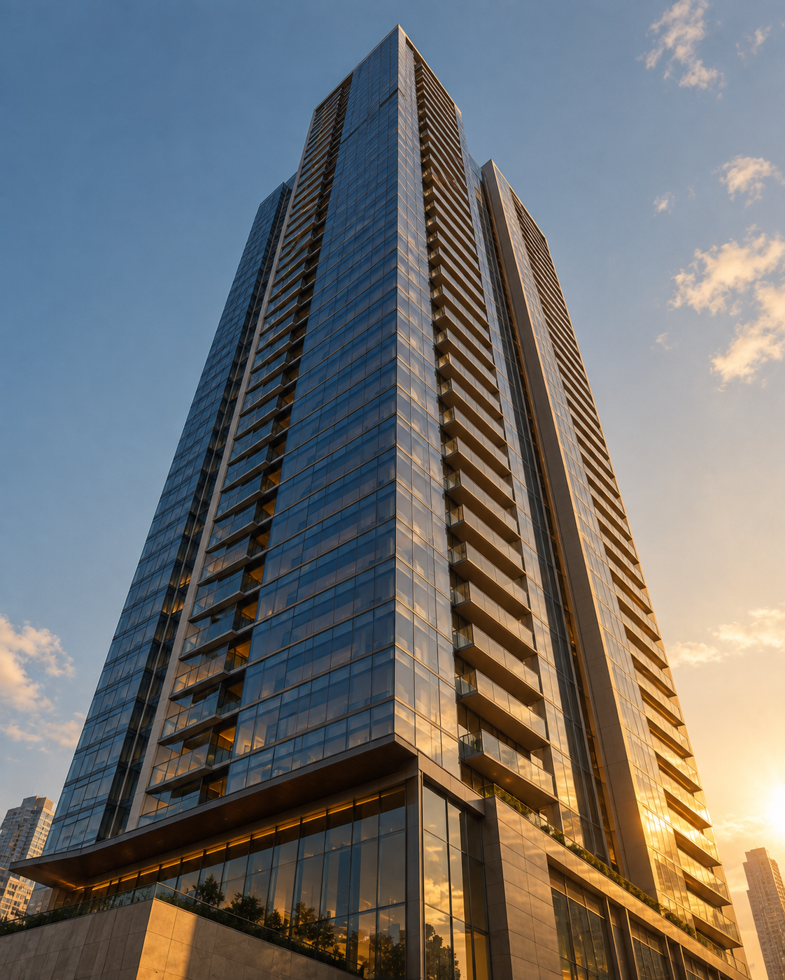 Glass tower facade at golden hour